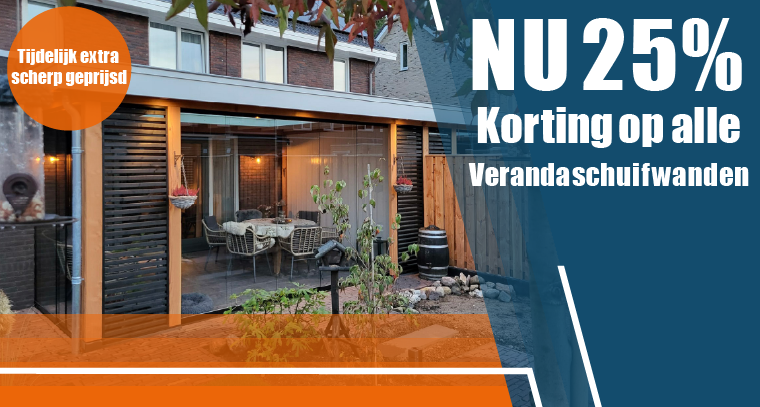 25% korting op glazen schuifwanden voor veranda
